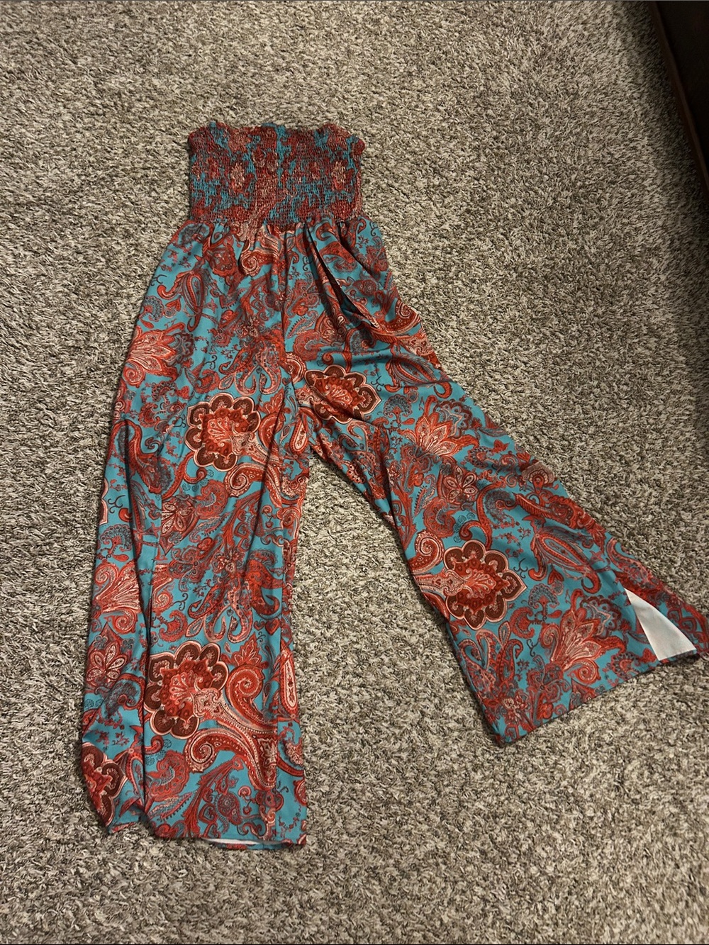Wide-Leg Smocked Jumpsuit in Teal & Rust Paisley
